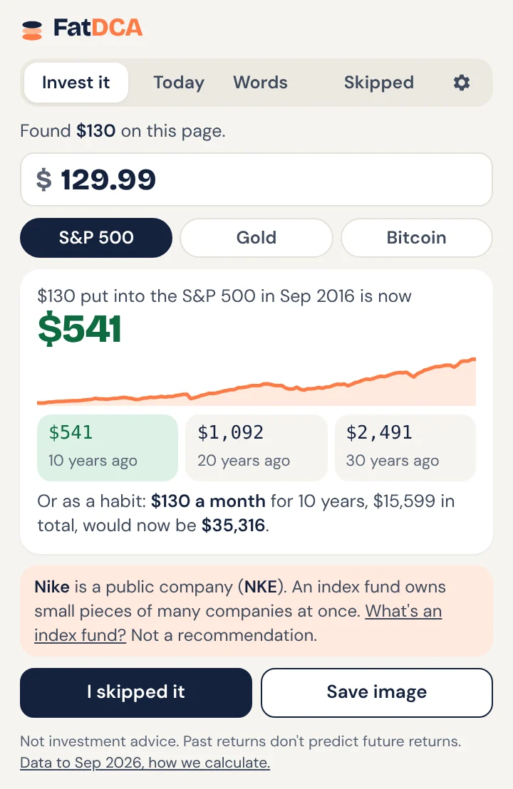 The FatDCA extension on a product page: $130 put into the S&P 500 in 2016 is now $541