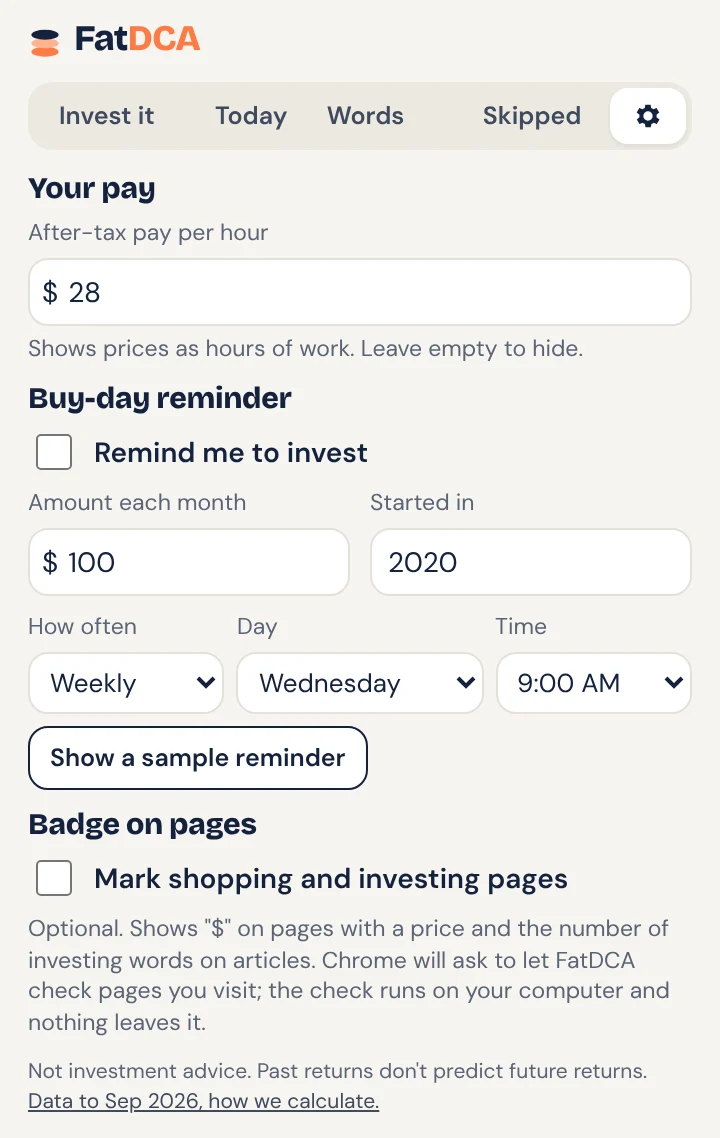 The Buy-day reminder tab of the FatDCA extension
